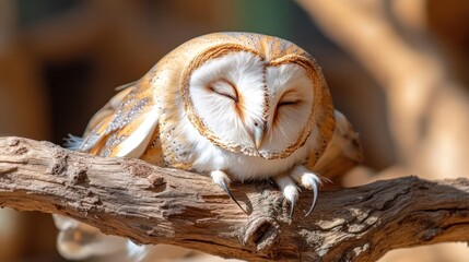 Aufkleber - A barn owl with tan and white feathers perched on a branch with eyes closed in sunlight. The image captures the bird's peaceful rest in a natural setting, showcasing the owl's texture and the