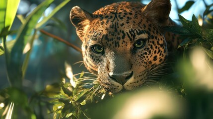 Aufkleber - Close up shot of a leopard amidst lush green foliage, its gaze piercing, under natural lighting. The composition highlights the animal's camouflage and intense focus, capturing the essence of