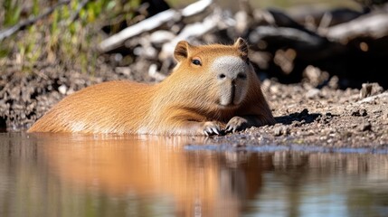 Aufkleber - A close-up shot captures a capybara partially submerged in water, its brown fur glistening with moisture. The water reflects its image, with a sandy bank and sparse vegetation forming the backdrop