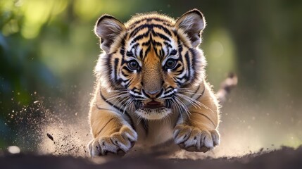 Poster - A striking close-up captures a playful tiger cub bounding forward, its fur a blend of orange and black stripes. Dust kicks up around its paws, enhancing the dynamic sense of motion against a soft
