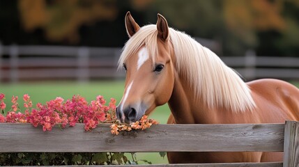 Fototapete - Close-up shot of a tan horse with a light blonde mane munching on reddish-orange flowers growing near a weathered wooden fence, set against a backdrop of green grass and blurry trees with autumn