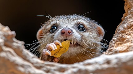 Poster - Close-up shot of a cute brown and white Galidia elegans, or ring-tailed mongoose, eating a yellow leaf inside a stone cavity. Its expressive eyes and visible teeth add character to the image