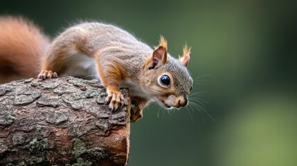 Poster - Close-up shot of a wet, reddish-brown squirrel perched on a mossy tree branch with a blurred green background. The squirrel is looking down, droplets visible on its face, capturing a moment of