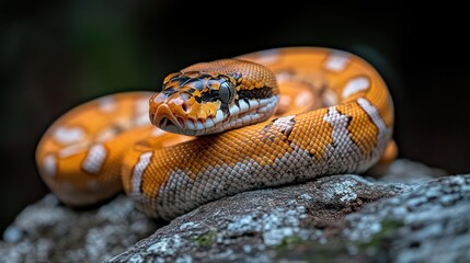 Poster - Close up of a vibrant orange and white snake coiled on a textured gray rock. The snake's detailed scale pattern and striking colors are prominently displayed against a blurred dark background