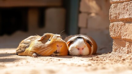 Poster - Two guinea pigs, one brown and one brown and white, are resting on the ground in the sunlight near a brick structure. The focus is sharp, highlighting their fur texture and features