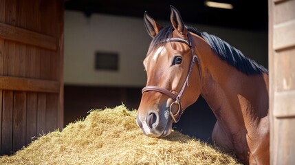 Poster - Close up of a brown horse with a dark mane eating hay from a barn doorway, illuminated by natural light. Horse wearing a bridle, focusing on feeding, with wooden barn textures visible