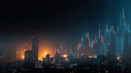 Poster - Double Exposure Financial Graph Over Cityscape at Night