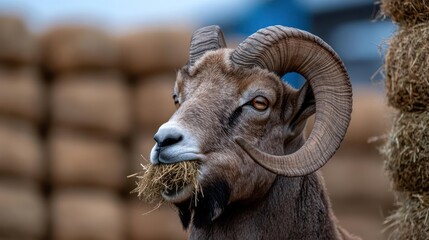 Poster - Close-up of a brown ram with large, curled horns eating hay against a backdrop of stacked hay bales. The ram's eye is visible, and its fur appears textured and detailed