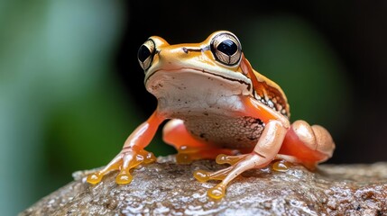Poster - Close-up of an orange tree frog perched on a wet rock, showcasing its vibrant colors and intricate skin patterns, set against a blurred green foliage background. The frog's eye adds a captivating