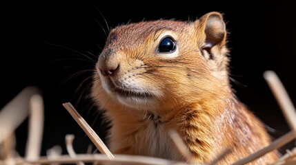 Poster - Close-up shot of a golden-brown ground squirrel looking up in a bright outdoor setting, with a dark blurred background and wispy straw-like plants in the foreground. The subject's fur texture is