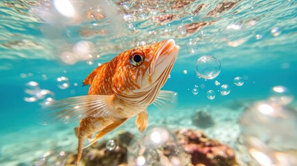 Poster - Vibrant underwater image featuring an orange fish swimming gracefully near the surface, surrounded by ascending bubbles. The turquoise water and rocky seabed create a serene and colorful marine