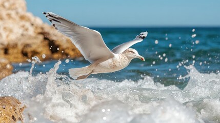 Poster - Captured at daytime, this image features a white seagull in flight over splashing sea water near a rocky coast, exhibiting motion and natural coastal elements under bright sunny conditions