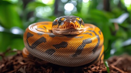 Poster - Close-up shot of an orange and black patterned snake coiled on a bed of leaves, set against a blurred background of lush green foliage. The snake's head is facing forward, showing its unique markings