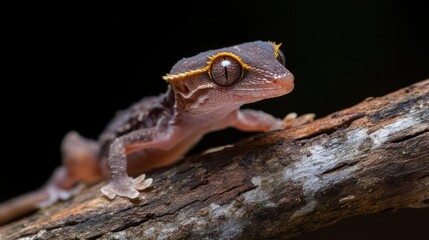 Poster - Macro shot showcases a brown gecko with a delicate orange trim, resting on a weathered branch, set against a stark black backdrop, highlighting the reptile's textured skin and intricate eye details