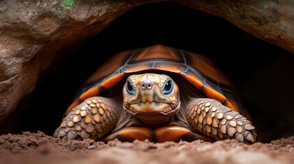 Poster - Captivating close-up of a radiant yellow-footed tortoise with striking blue eyes emerging from a darkened burrow, its textured shell and mottled skin detailed against earthy brown sand. The image
