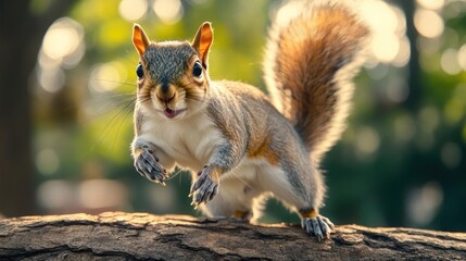 Aufkleber - Close up view of a grey squirrel leaping through the air. The background is bokeh with various shades of green, orange, and white. The squirrel is on a log, in motion. The squirrel is looking