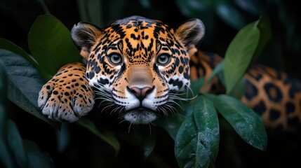 Aufkleber - Close up shot of a jaguar with orange and black spots, lying on leaves with a green background. The jaguar's face is in focus, with its eyes looking straight ahead. The animal blends in perfectly