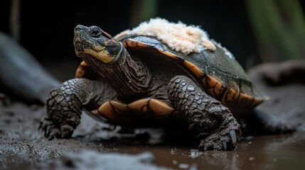 Poster - Focused closeup captures a turtle with a textured shell and distinctive yellow markings near its head, set against a blurred backdrop of lush greenery and earth tones, highlighting nature and reptile