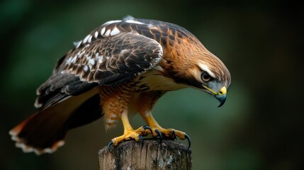 Poster - Close up of a brown and white hawk perched on a wooden post against a blurred green background. The hawk is looking down with a focused expression and detailed plumage