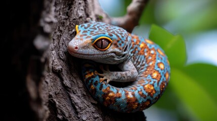 Aufkleber - A vibrant gecko with turquoise and brown patterned skin curls on a rough branch against a soft green foliage background. The reptile's textured skin and vivid colors contrast with the natural