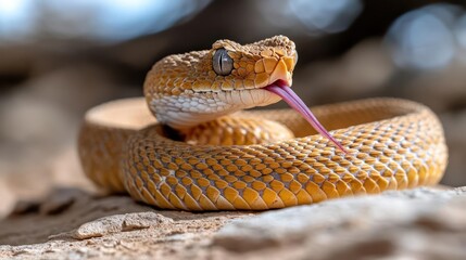 Poster - Close up of a coiled yellow snake with rough scales, focusing on its head and tongue extended out. The image, captured with shallow depth of field, features a bokeh background. The snake is set