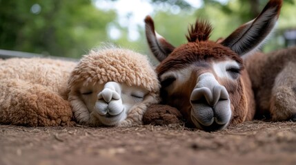 Poster - Close up of two alpaca resting their heads together in a field. The alpaca on the left has white fleece, while the alpaca on the right has brown fleece. The background is blurred, showing green