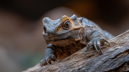 Poster - Detailed close-up of a Mountain Horned Dragon perched on a weathered branch, showcasing its rough, scaled skin and intense gaze. The warm lighting highlights its unique features against a blurred