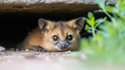 Poster - Close up image of a Cusimanse peering out from under a concrete structure, surrounded by greenery. The small, brown mammal with its wet nose is the focal point, set against a blurred background that
