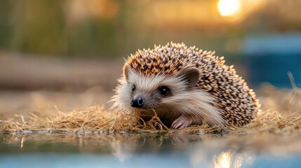 Poster - A vibrant macro shot showcases a hedgehog nestled in dry grass with its reflection in a shallow pool under warm sunset lighting. The composition captures nature's serene beauty, emphasizing wildlife