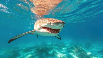 Aufkleber - Underwater shot of a large shark with visible teeth swimming in clear blue water, illuminated by natural sunlight. The shark's texture and the sandy ocean floor are clearly visible