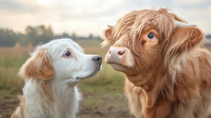 Poster - Close up showcasing a light brown highland cow and a white dog in a field, gazing at each other with soft lighting. The background features green grass and trees under a cloudy sky, adding a touch of