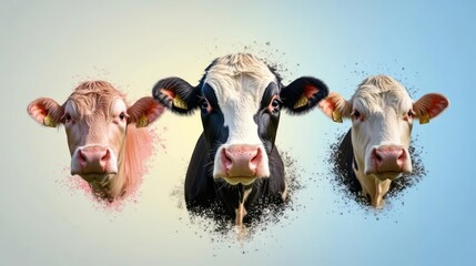 Poster - Three cows with a splash art effect stand side by side. The cow on the left is brown, the center one is black and white, and the right one is white. The background features a gradient of yellow and