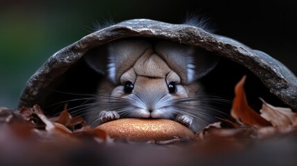 Poster - A close up image shows a cute small animal nestled under a dome shaped rock, peering out with its whiskers on display. Leaves surround it. The animal's face is the focus, highlighting its adorable