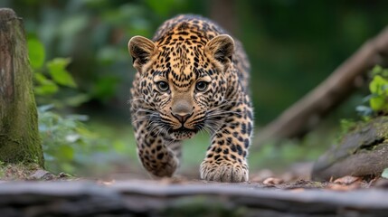 Aufkleber - Dramatic close up of a Leopard prowling directly at the viewer. The big cat is surrounded by a lush green forest. Leaves litter the ground around the predator, creating a dense jungle atmosphere