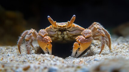 Poster - Detailed close-up shows a tan crab in a sandy underwater environment. The crustacean features visible claws and protruding eyes, while the sandy substrate contrasts with the dark, shadowy background