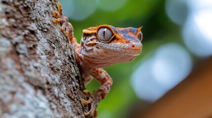 Aufkleber - A close up shot of a gargoyle gecko with orange and brown markings on a tree trunk. The gecko has big eyes and a small red nose. The background is blurred, featuring green and brown hues