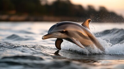 Poster - A dolphin leaps out of the water in this sunlit, close-up shot. The ocean is dark and textured, and the background is blurred with a land mass visible on the horizon. The dolphin's sleek body is
