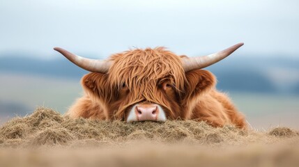 Aufkleber - Close up shot of a red brown highland cow with long shaggy hair and large curved horns, peering over a bed of dry grass in a rural setting with a blurred background and soft, natural lighting
