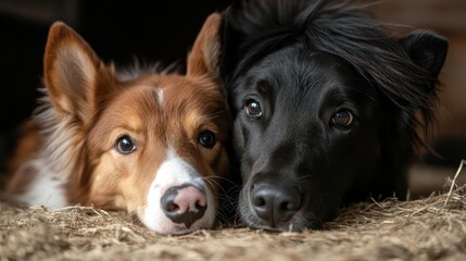 Poster - Close-up of a dark-haired dog and a brown and white dog lying side by side with their heads resting on a bed of hay. Their noses are touching and looking directly at the camera in a soft, natural