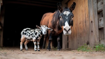 Poster - An adorable close-up showcasing a brown mule and a spotted goat standing together in front of an old wooden barn. The animals are captured in a natural outdoor setting, emphasizing their connection