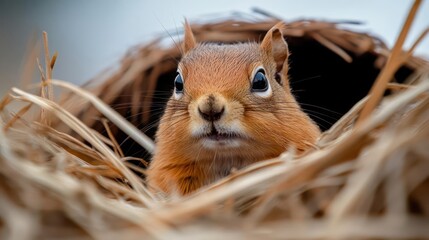 Poster - A close-up shot of a golden-brown squirrel nestled in a bed of straw. The background is blurred, and the squirrel's face is the main focus, capturing its inquisitive expression with light reflecting