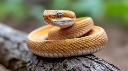 Poster - Detailed macro shot of a coiled orange snake on a tree branch with a blurred green background. The snake's scales and facial features are clearly visible under natural lighting