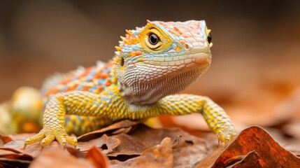 Poster - Close-up of a bearded dragon, featuring its spiky scales and a mix of vibrant colors like yellow, orange, and blue. The reptile is positioned on a bed of dry, brown leaves, creating a natural