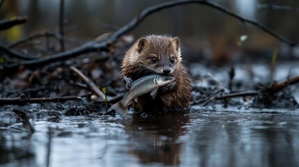 Aufkleber - A wild mink wades through shallow water with a freshly caught fish in its mouth. The water reflects the sky, surrounded by muddy banks and twigs, capturing a moment in its natural habitat