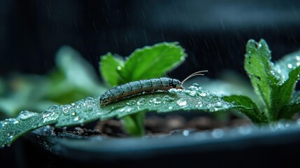 Poster - A detailed macro shot showcases a small caterpillar on a dewy green leaf, set against a dark, rainy backdrop, highlighting the textures and colors of the natural environment with a focus on nature's