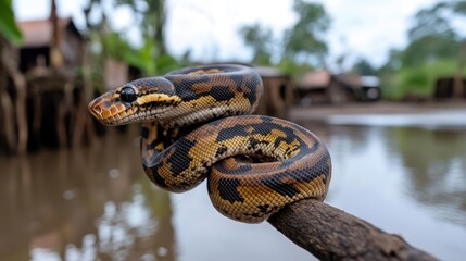 Poster - A python coiled on a branch over water. The snake has brown and yellow markings. The background shows a village scene with houses and trees. The water reflects the surroundings. It's a close-up shot