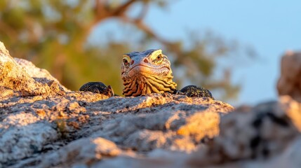 Aufkleber - Close-up shot of a reptile with gray and black scales peering over a rocky surface in warm, natural lighting, with blurred green and yellow foliage in the background under a bright sky
