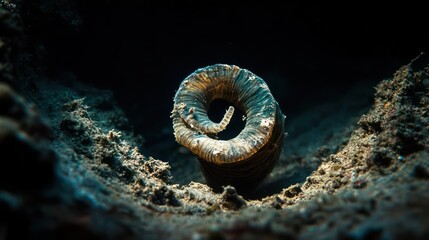 Poster - Close-up shot featuring a light brown spiral tube worm protruding from the dark sand in a sea environment.  It is lit by underwater sun in a dark, blue-tinted environment