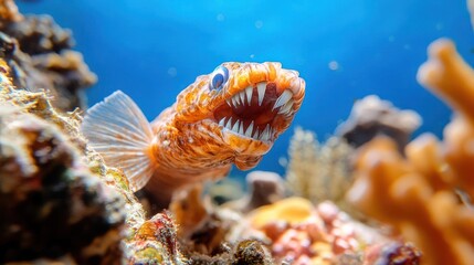 Poster - An eye-level shot shows an orange lizardfish with white fins amidst vibrant coral formations, under clear blue water, creating a striking contrast and highlighting marine biodiversity