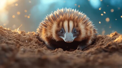 Poster - A detailed close-up of a small, spiky creature in a dirt mound. Warm lighting highlights the tan and brown hues of the animal against a blurred background of teal and shimmering bokeh, creating a